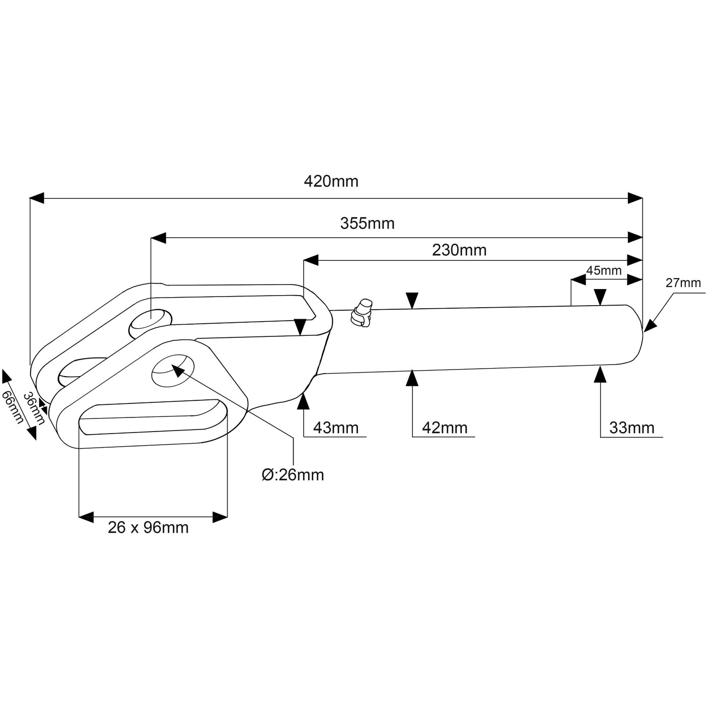 Technical drawing of a Sparex Levelling Box Fork - M27x3 Metric (Sparex Part No. S.108583) with detailed dimensions provided, including lengths, diameters, and thicknesses at various points on the part.