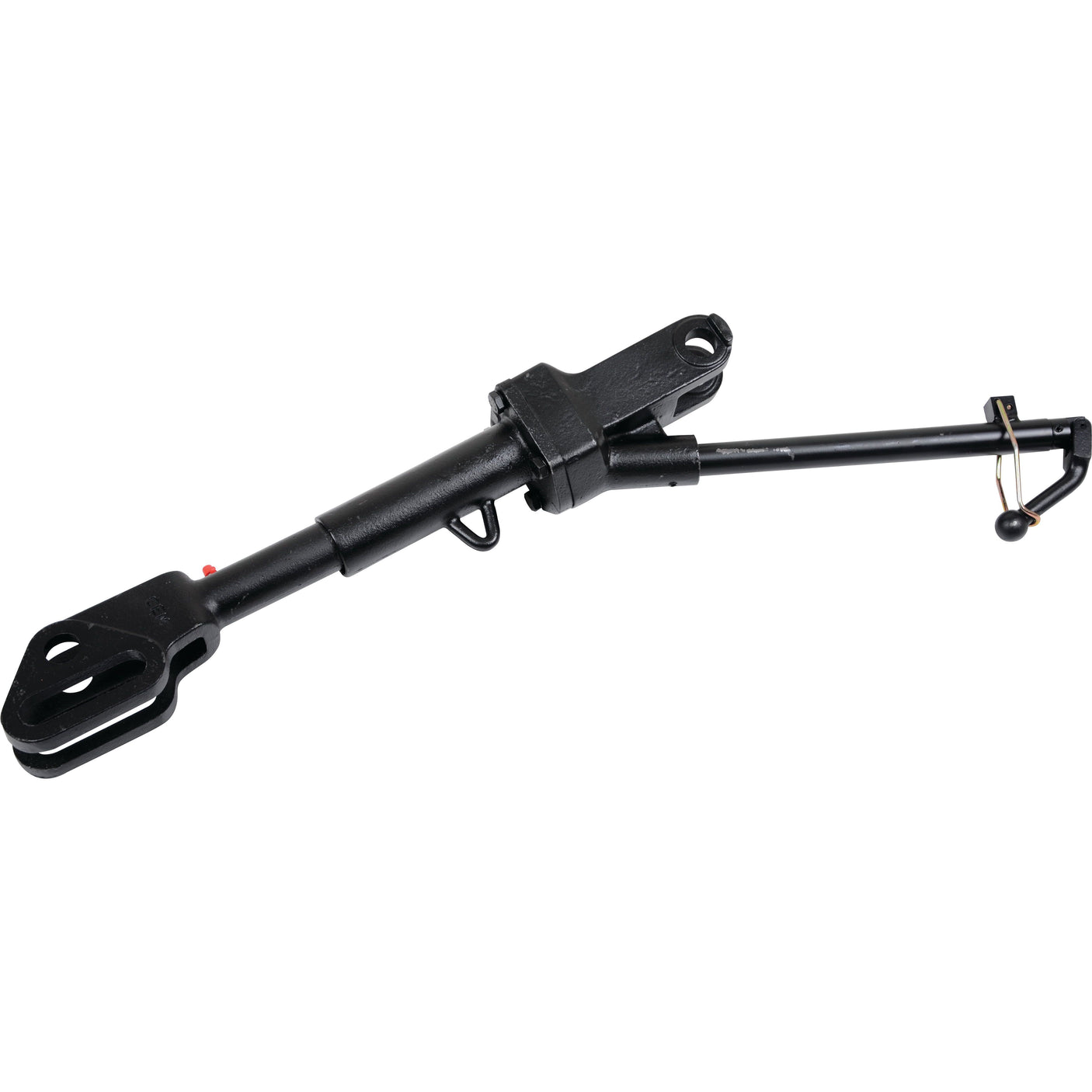 The Sparex Levelling Box Assembly (Sparex Part No. S.108590) features a black metal tow bar with a hook on one end and a wide loop on the other, including an M27x3 metric thread for secure attachment to vehicles or other objects. The assembly also includes fork holes of Ø 26mm and 26.5x96mm, with a minimum length of 560mm.
