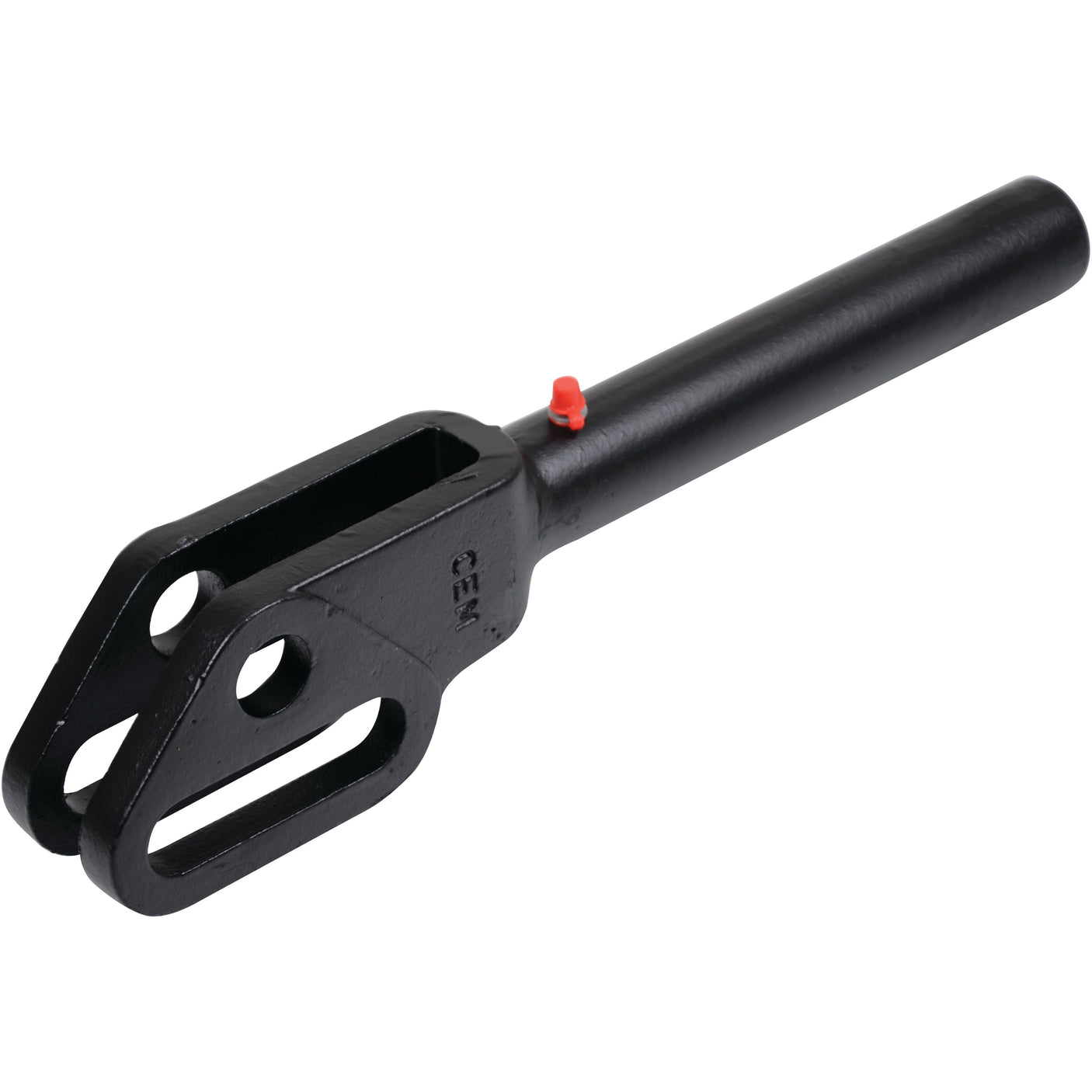 A Sparex Levelling Box Fork (Sparex Part No. S.108593), M27x3 Metric, black metal rod with a U-shaped end, featuring two holes and a red stud near the base, measuring 345mm in length.