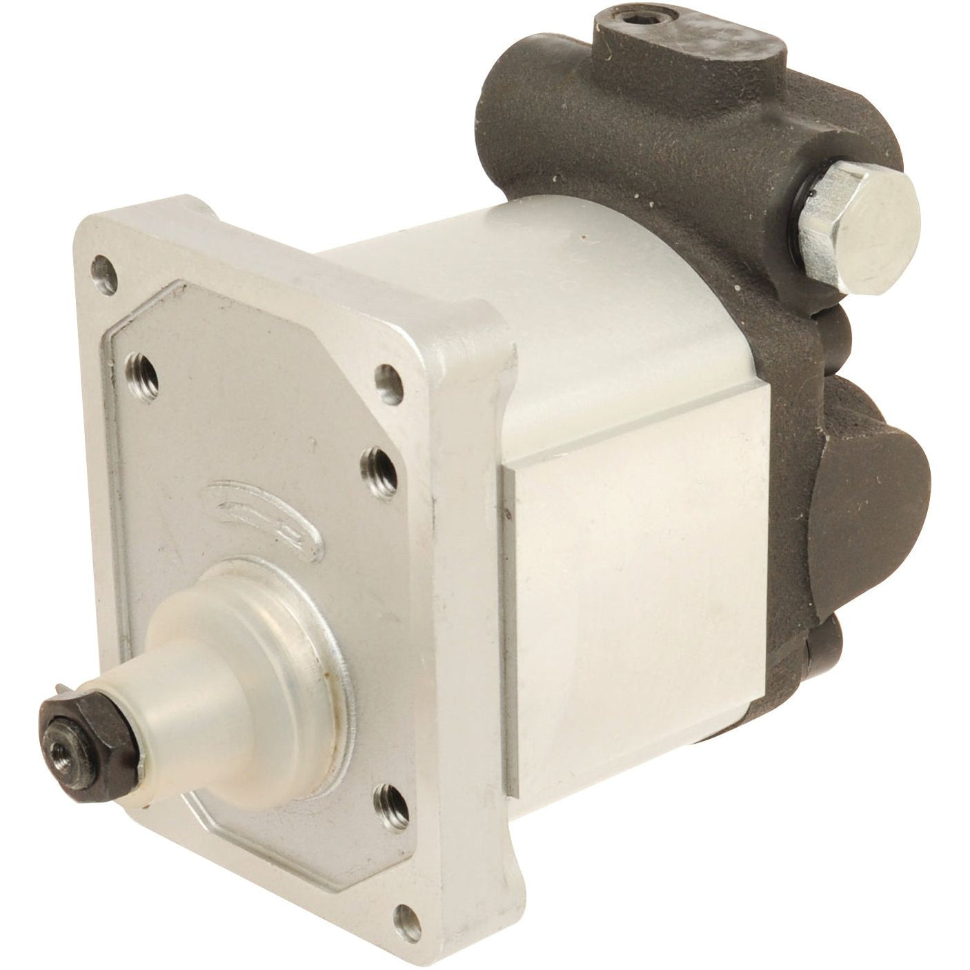 The Sparex Single Hydraulic Pump - S.108618 is a metal gear pump with a silver body and black components, featuring mounting holes, a cylindrical nozzle, and compatibility with the Fiat L60.