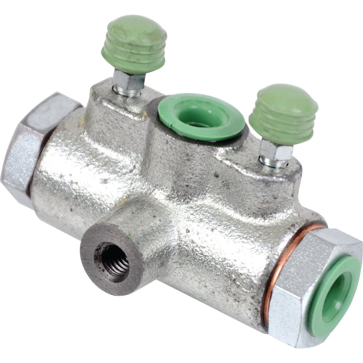 A metallic hydraulic valve, identified by Sparex part number S.108620, features two green knobs on top and a green-capped outlet on one end. This high-quality component is often seen in Case IH machinery and is supplied by the reputable brand Sparex.