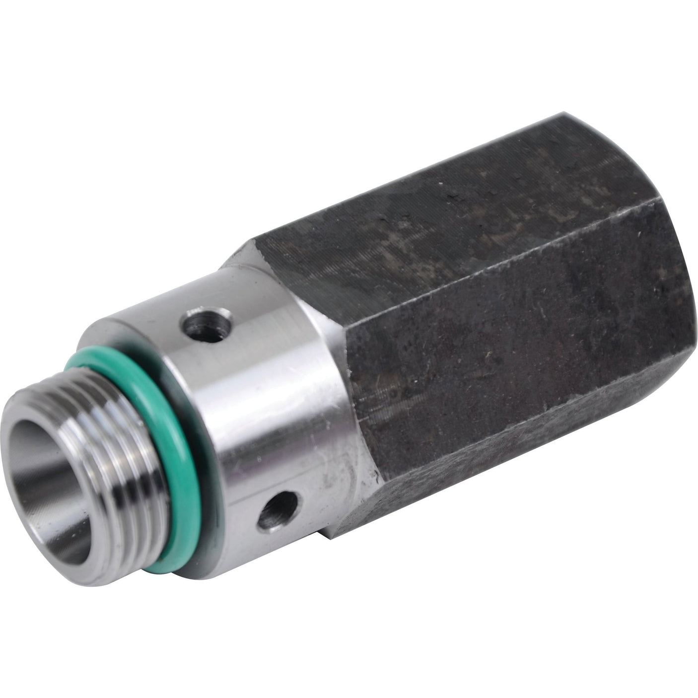 The Sparex Hydraulic Valve (Sparex Part No. S.108627) is a metal hexagonal adapter with a steel finish, featuring a threaded male end (M20 x 1.5mm thread), a rubber O-ring, and a smooth cylindrical section.