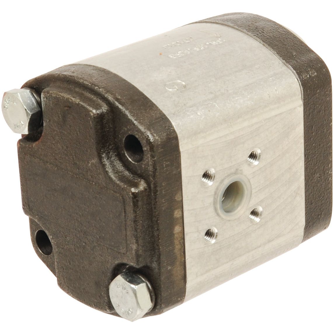 The Single Hydraulic Pump - S.108632 by Sparex features a rectangular metal casing with four bolt holes and a central opening. Each side is marked by two large bolts, ensuring it is compatible with the Steyr 768.