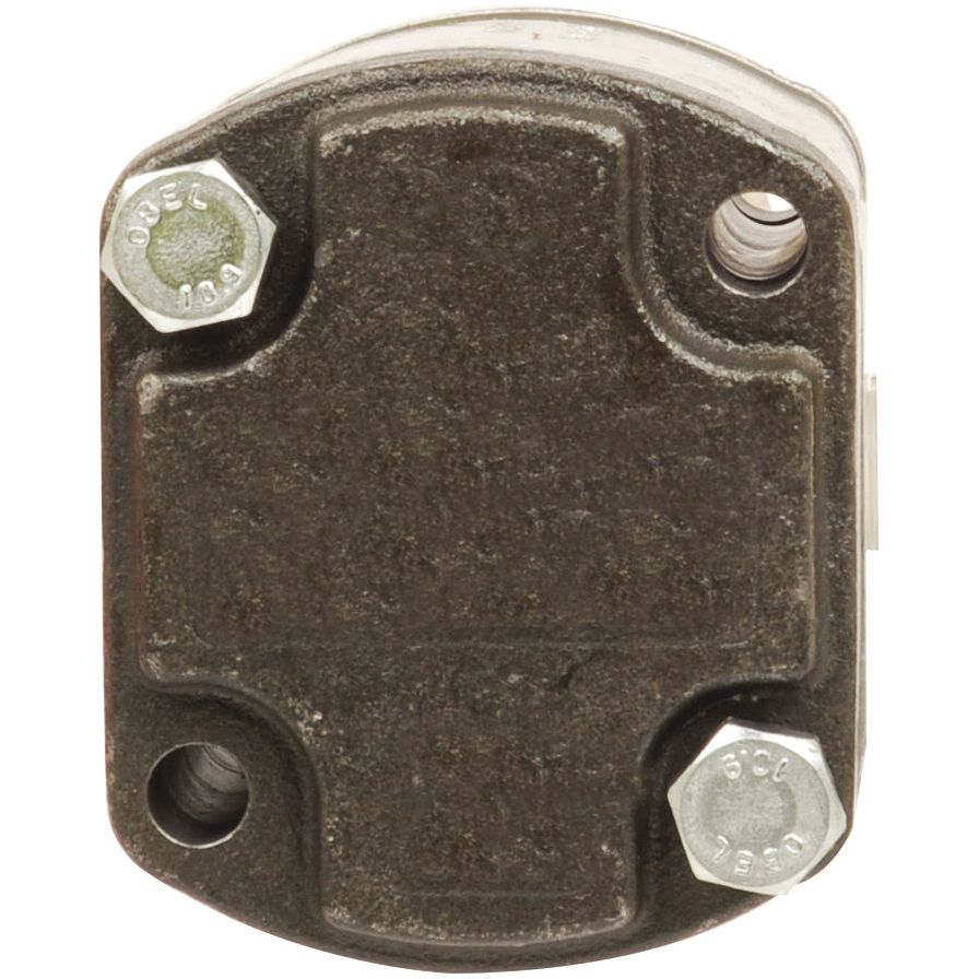 A corroded metal electrical box cover featuring two hex head screws and dual holes, potentially used for securing wiring connections, reminiscent of components found in the Single Hydraulic Pump - S.108632 by Sparex.