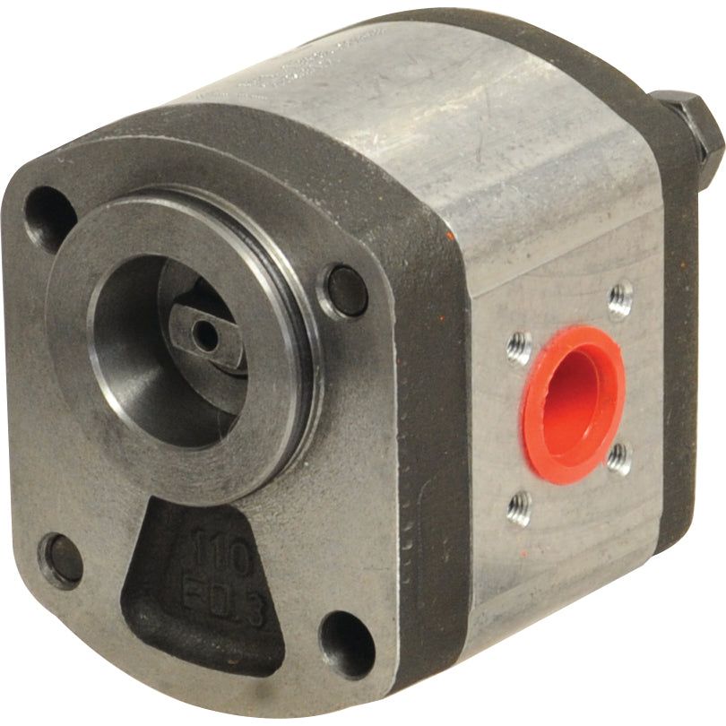 Close-up of a Sparex Single Hydraulic Pump (S.108638), compatible with Leyland 184, showcasing its cylindrical body, multiple bolt holes, and a red outlet port on the side.