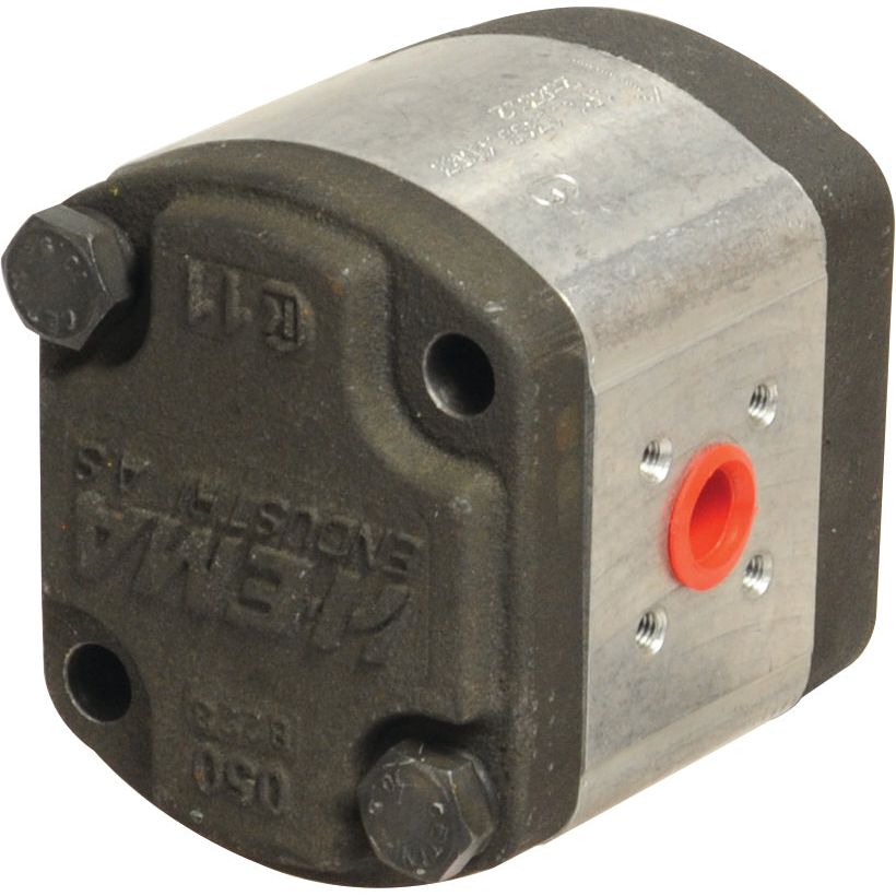 Close-up of a metallic hydraulic pump, specifically the Single Hydraulic Pump - S.108638 from Sparex, which is used in Leyland 184 tractors. It features a red port labeled "Hema," black bolts, and an engraved side.