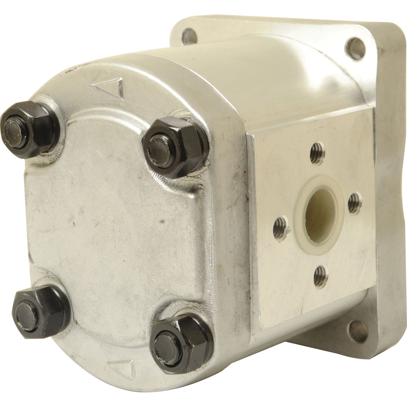 Close-up image of the Sparex Hydraulic Pump - S.108641, showcasing its cylindrical metallic mechanical structure, a flange equipped with mounting holes, and four bolts on the front, typically used in Fiat and International Harvester machinery.