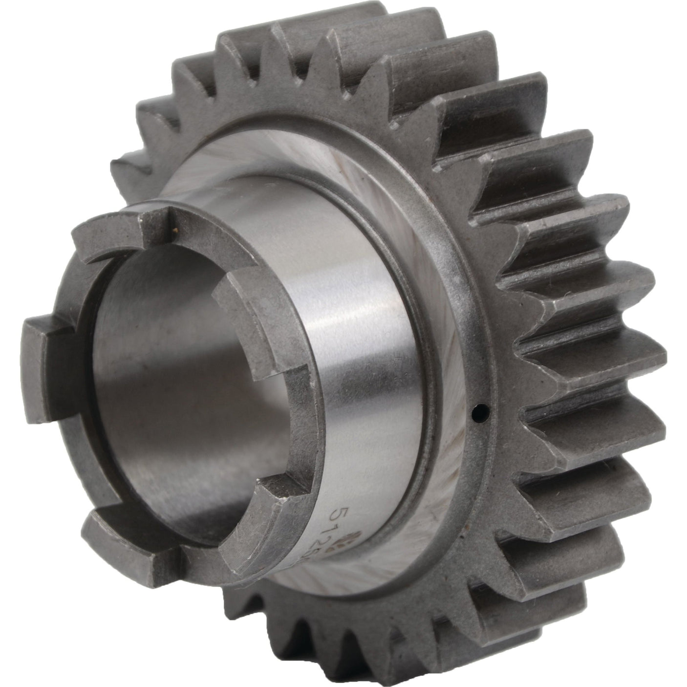 A close-up of the Transmission Gear | Sparex Part No.S.108654, featuring interlocking teeth and a central hole for mounting on a shaft, perfect for FARMALL tractors.