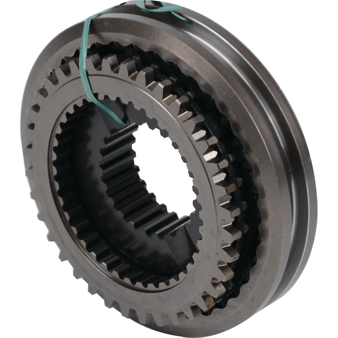 A metallic gear with intricate teeth and grooves, bound by a green elastic band, is shown against a plain white background. This Synchro Assembly (Sparex Part No.S.108655), compatible with International Harvester machinery, ensures seamless performance and durability in demanding environments.