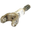 Close-up of a metallic automotive part with a cylindrical body, a u-joint end, and spline teeth. The part, which resembles the Drive Shaft Yoke (Sparex Part No. S.108661) from Sparex for Fiat 55-56 or Ford New Holland models, has a label with text and appears slightly worn.