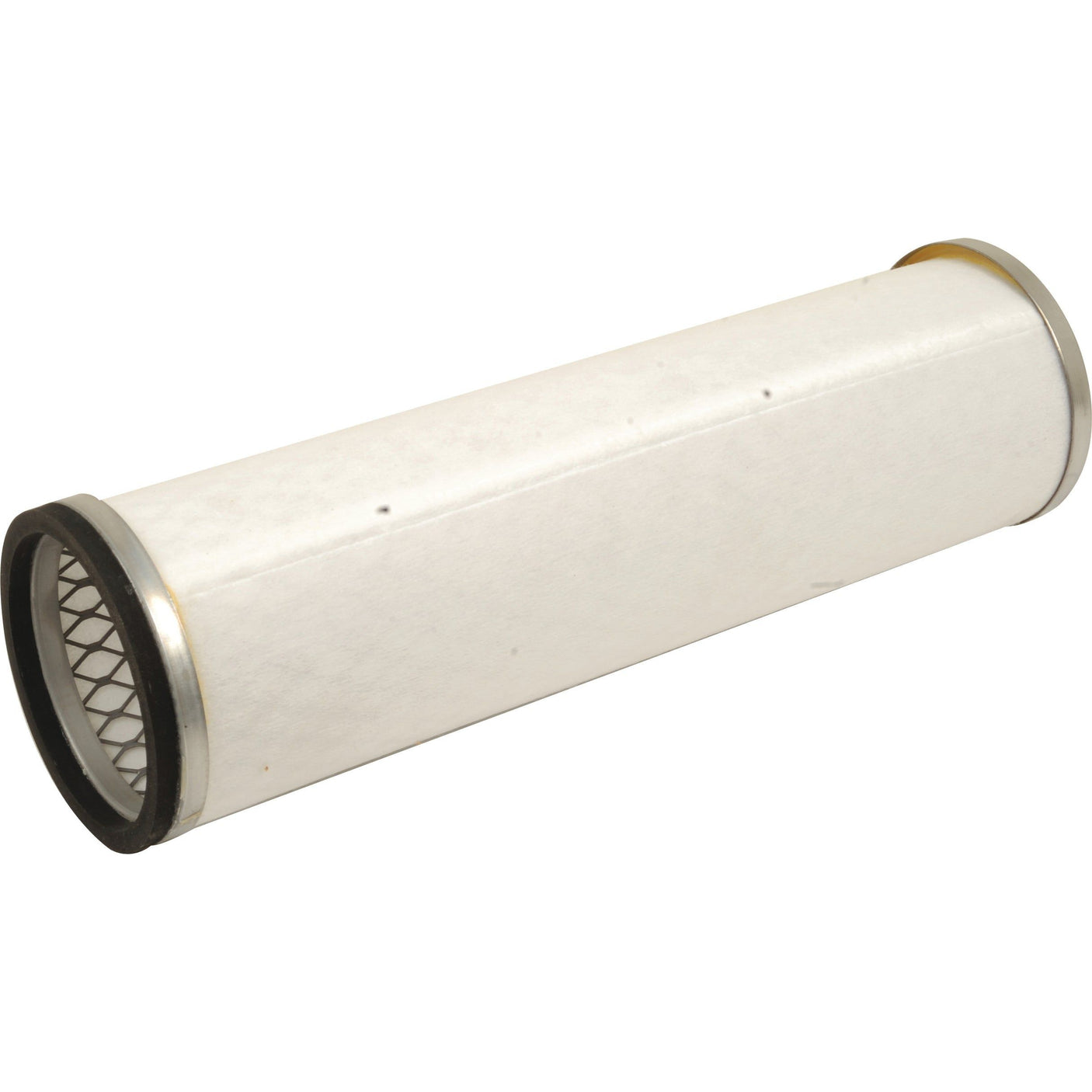 The Sparex Air Filter - Inner - AF1639, with part number S.108704, features a cylindrical design with white paper material and metal ends, incorporating a mesh interior for effective filtration. Ideal for John Deere machinery, this model ensures optimal performance and reliability.