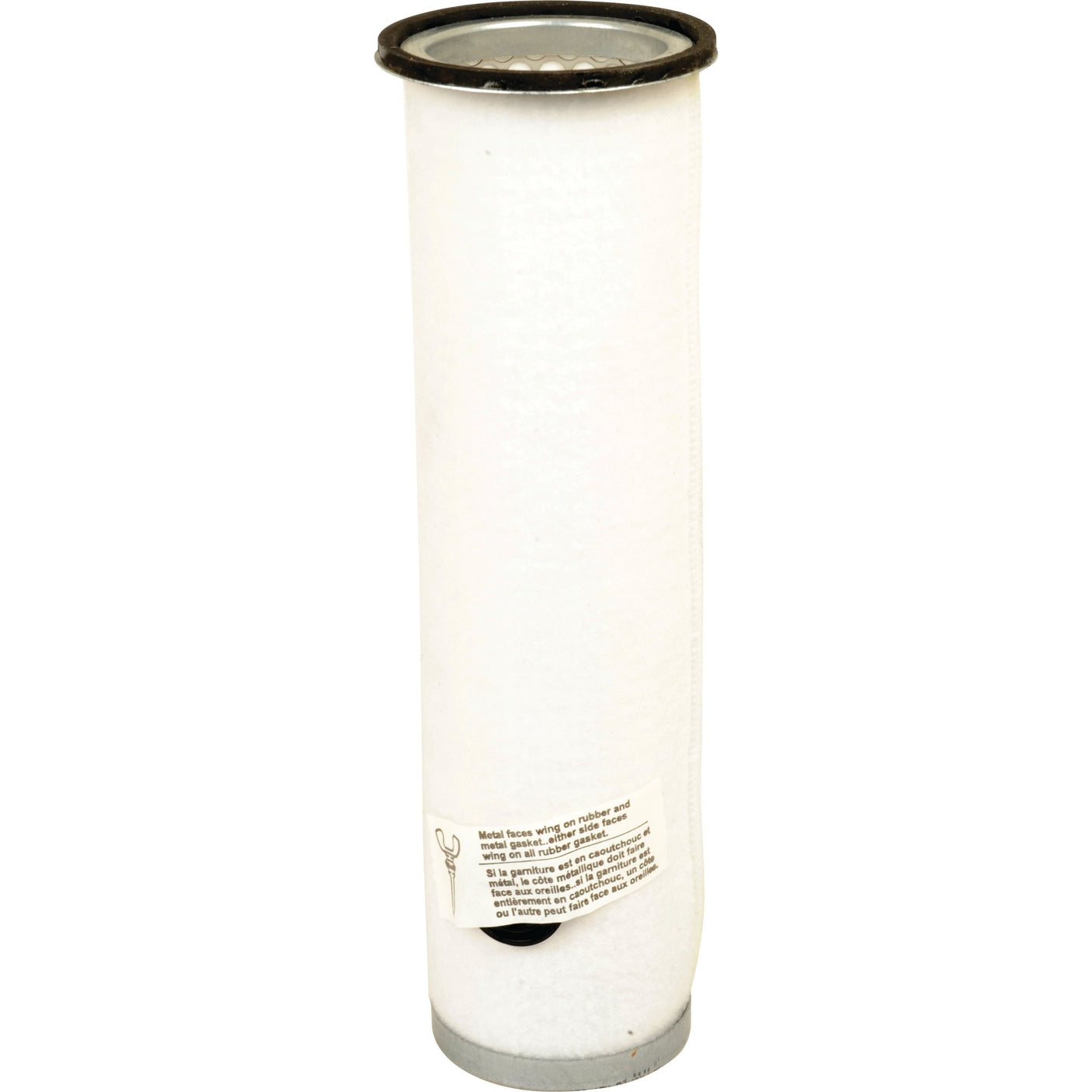 The Air Filter - Inner - AF1966 (Sparex Part No. S.108750) by Sparex is a cylindrical white filter with a metal rim at the top and a label with small text near the bottom, designed for tractor compatibility, ensuring optimal performance and longevity.