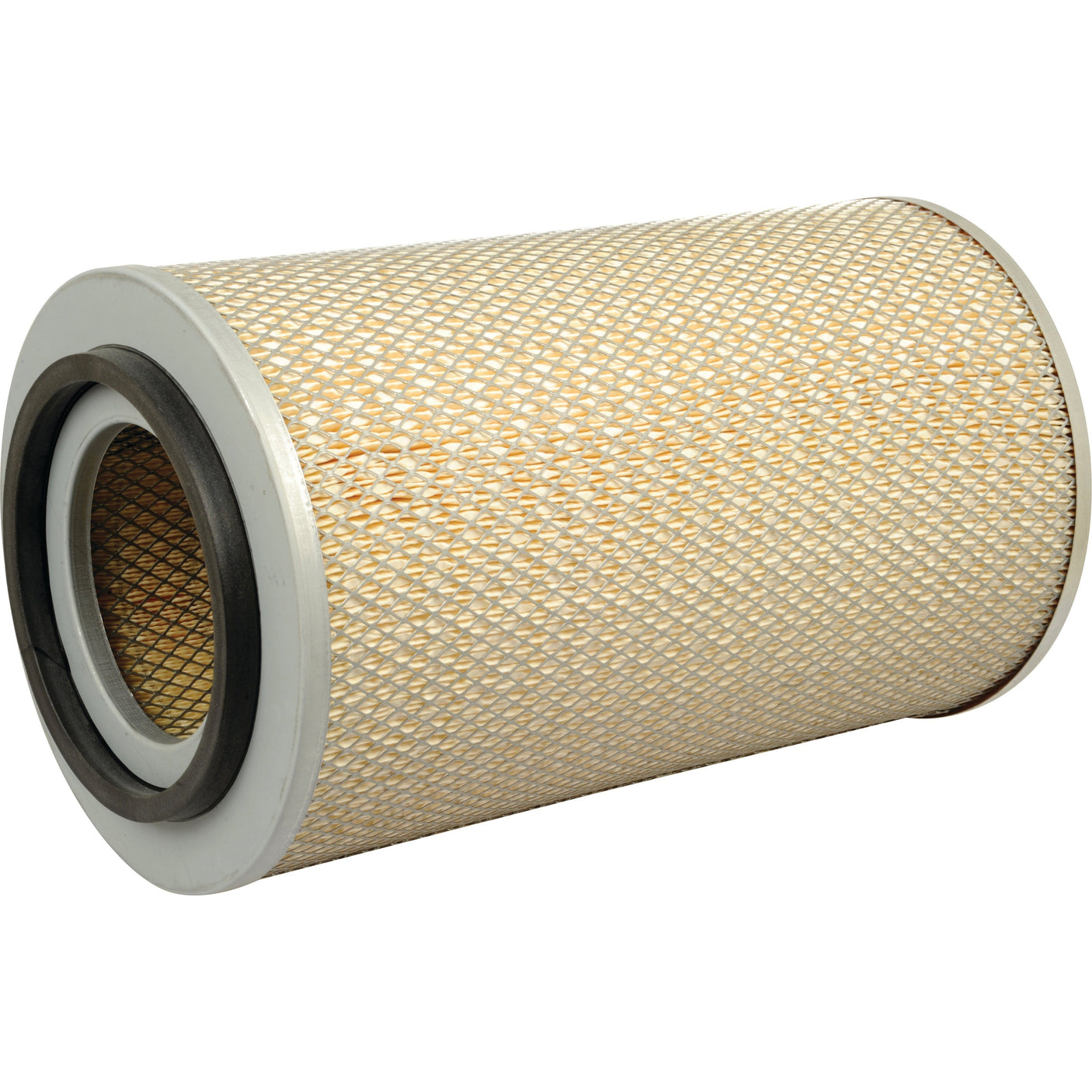 A cylindrical Sparex Air Filter - Outer - AF25065 (Sparex Part No. S.108754) with a yellow mesh exterior and black rubber ends lies horizontally against a white background.