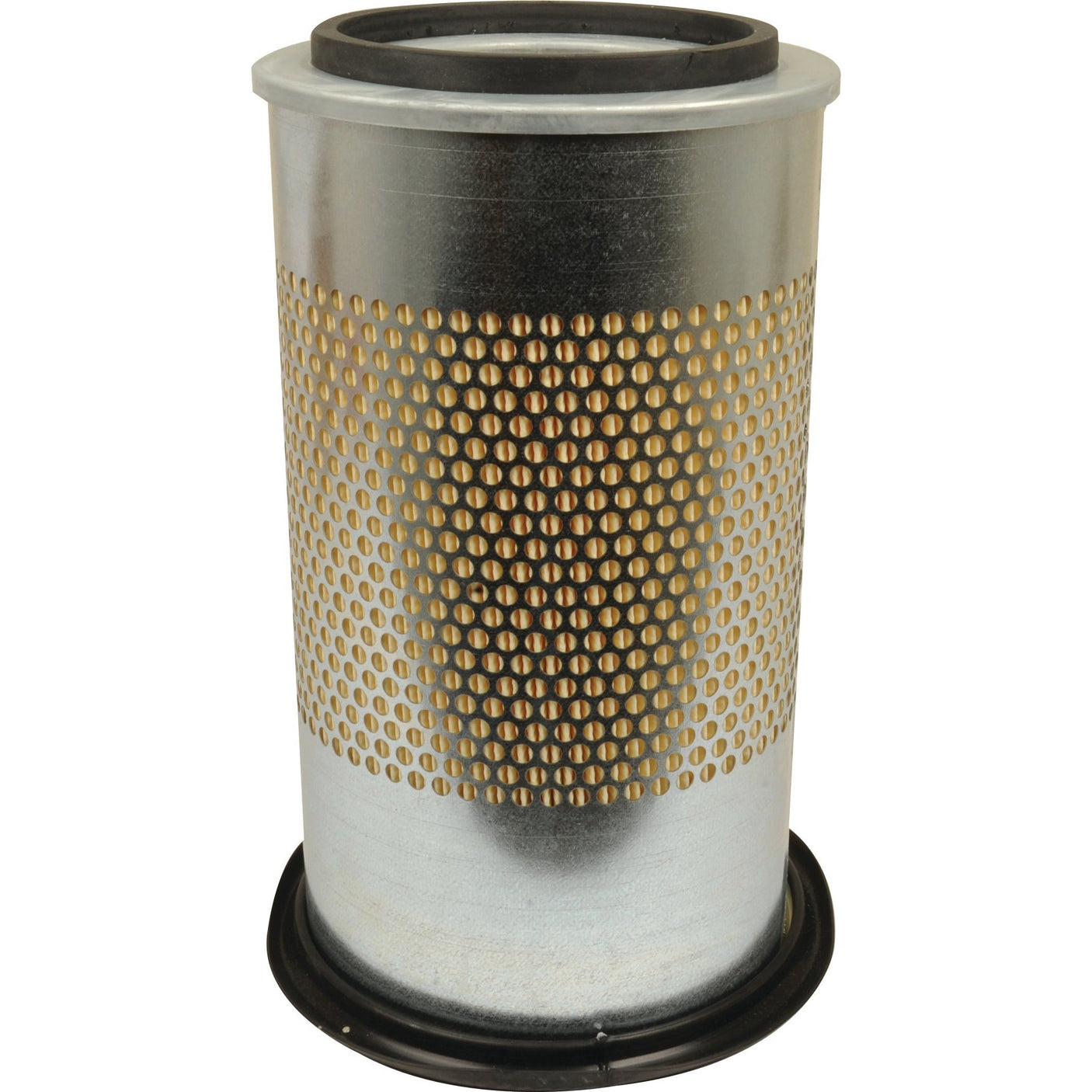 A Sparex Air Filter (Outer) - AF25302 (Sparex Part No. S.108763) is a cylindrical metal air filter boasting small, evenly spaced perforations around the middle section. The top and bottom edges are equipped with black rubber seals, ensuring compatibility with Ford New Holland machinery. It closely resembles the Fleetguard AF25302 model.