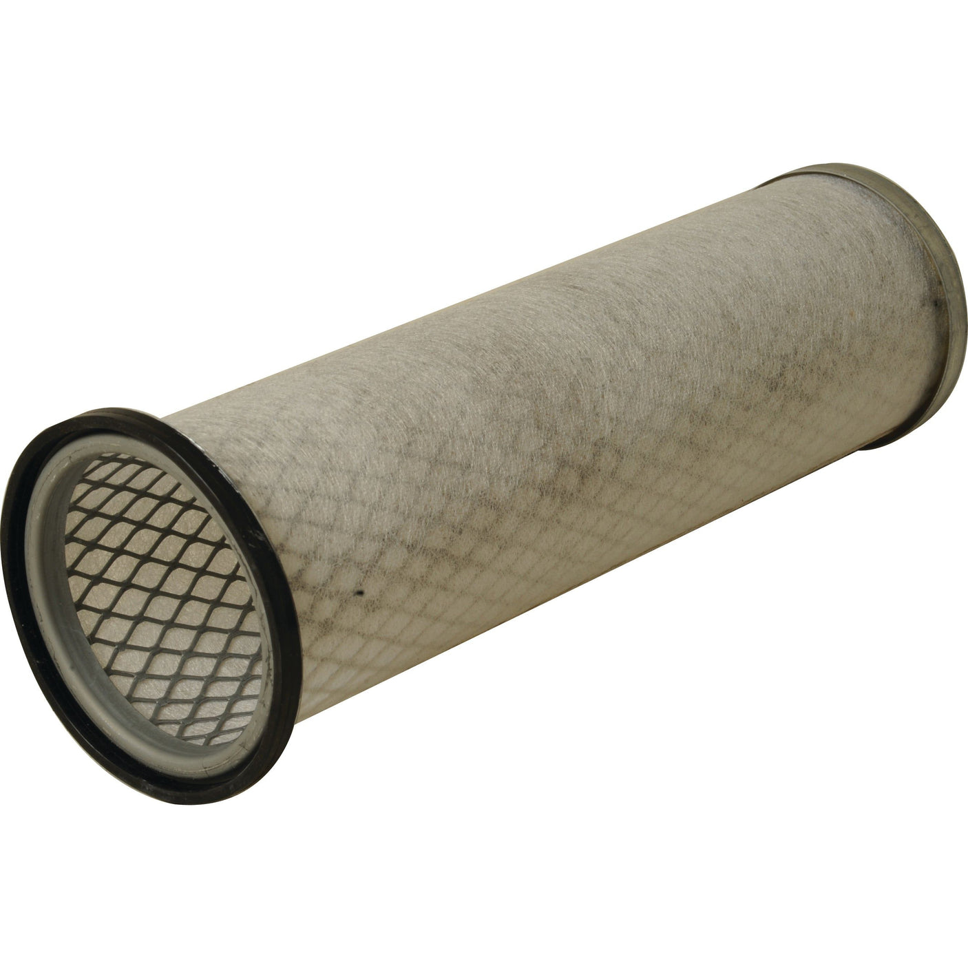 A Sparex Air Filter - Inner - AF25321 (Sparex Part No.S.108765) cylindrical air filter with mesh and black rubber ends, placed horizontally on a white background.