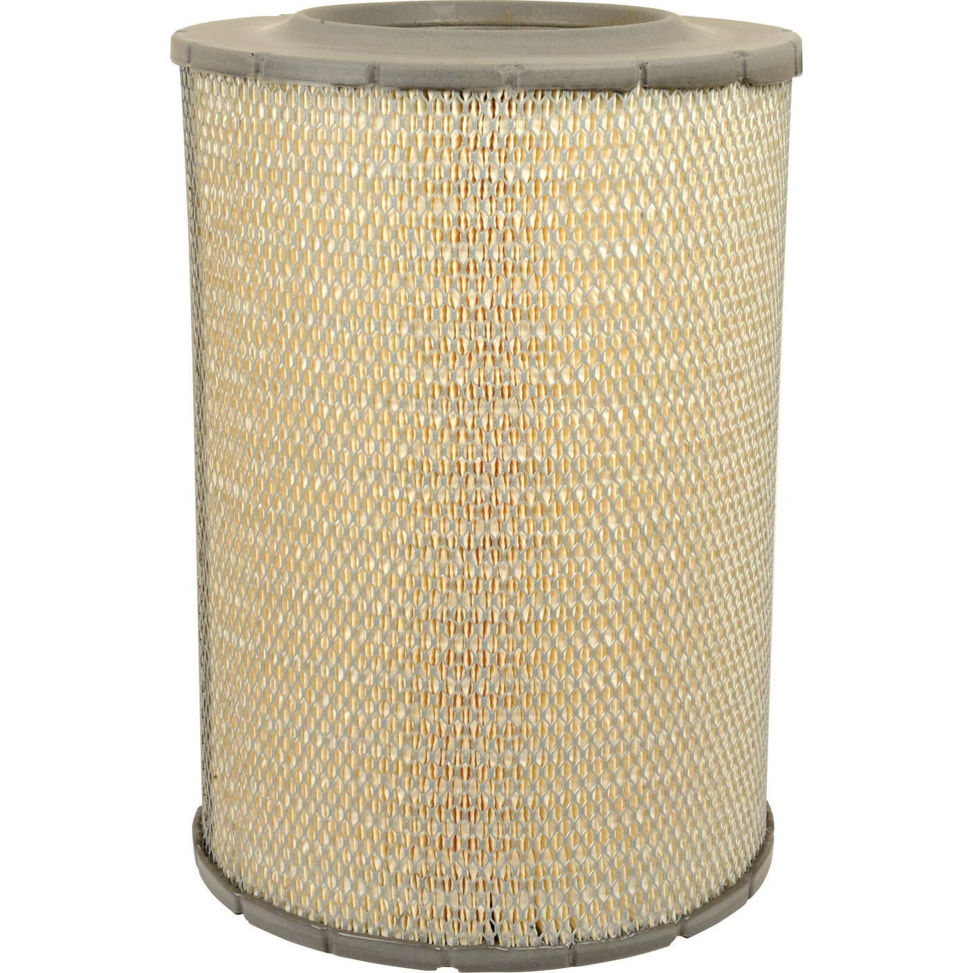 The Sparex Air Filter - Outer - AF25359 (Sparex Part No. S.108770) is a cylindrical Fleetguard air filter featuring a metal mesh exterior and a pleated paper interior, commonly used in John Deere engines or HVAC systems. It has top and bottom edges encased in gray rubber-like material.