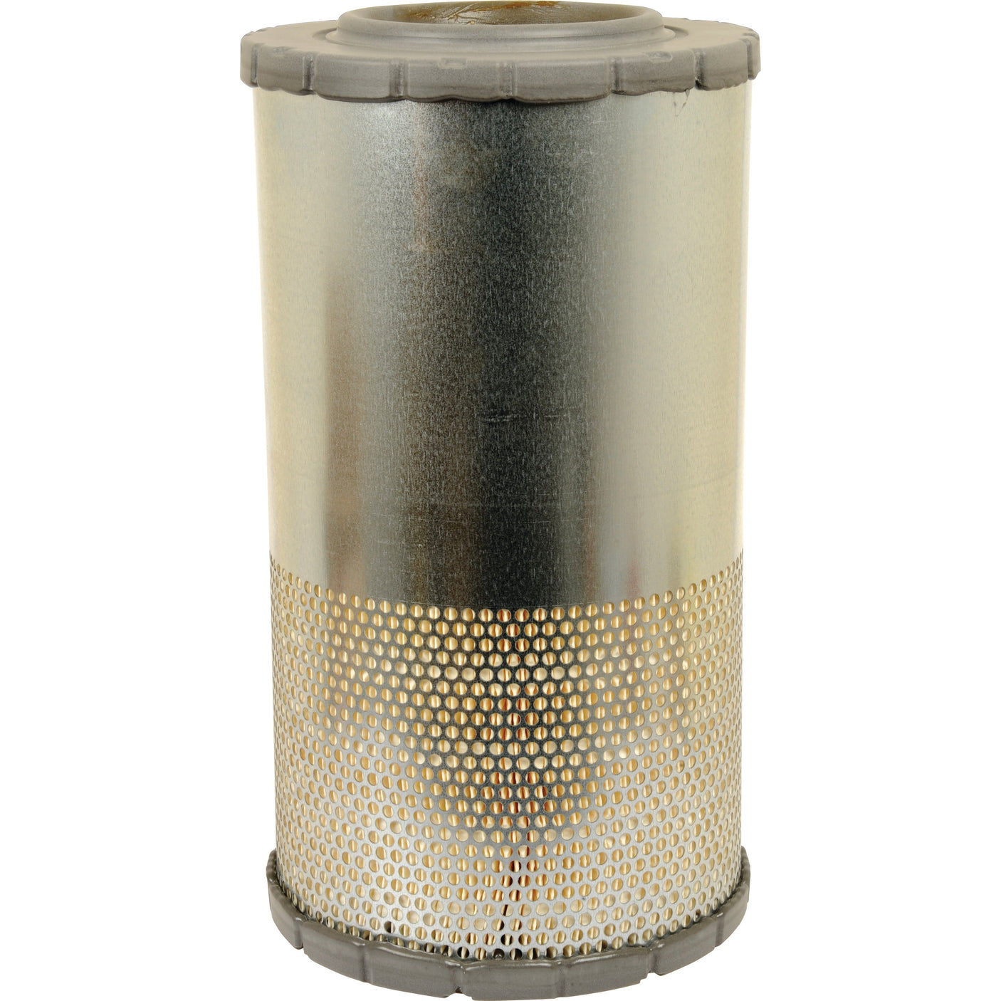 The Sparex Air Filter - Outer AF25504 (Sparex Part No. S.108782) is a cylindrical air filter with a metal casing and perforated lower half, designed for use in machinery or vehicles like the Deutz-Fahr AGROTRON.