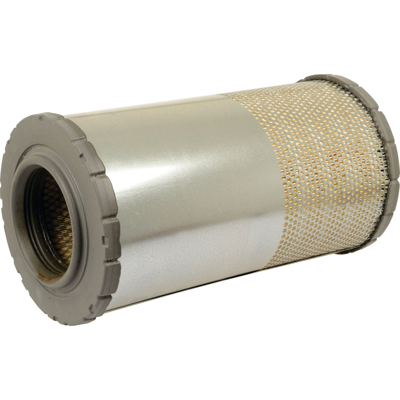 A cylindrical Sparex Air Filter - Outer - AF25504 (Sparex Part No. S.108782) with a metallic and perforated outer casing, ideal for Deutz-Fahr AGROTRON tractors.