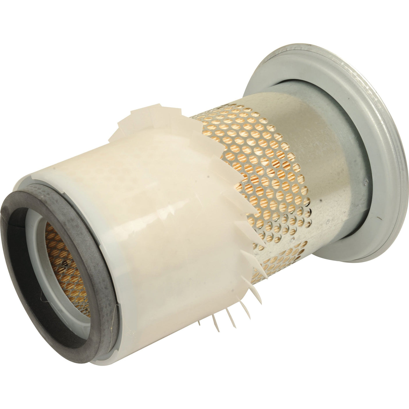 The Sparex Air Filter - Outer - AF25509K (Sparex Part No. S.108783) features a cylindrical design with a mesh and perforated metal exterior, rubber gasket on one end, and paper-like material wrapping for optimal performance.