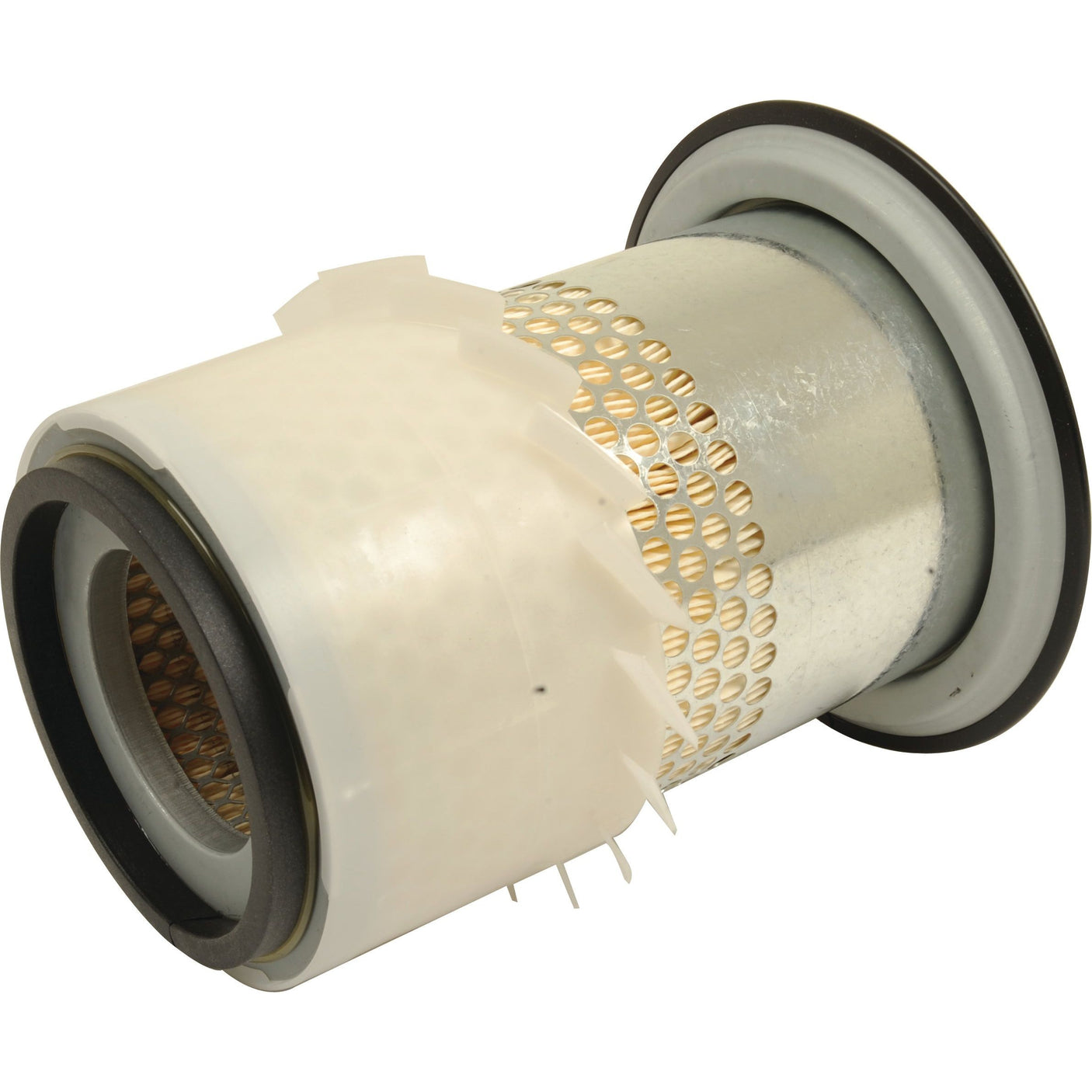 A cylindrical industrial air filter cartridge named "Air Filter - Outer - AF25540K" by Sparex, featuring a perforated metal housing and white plastic fins, Sparex Part No. S.108789.