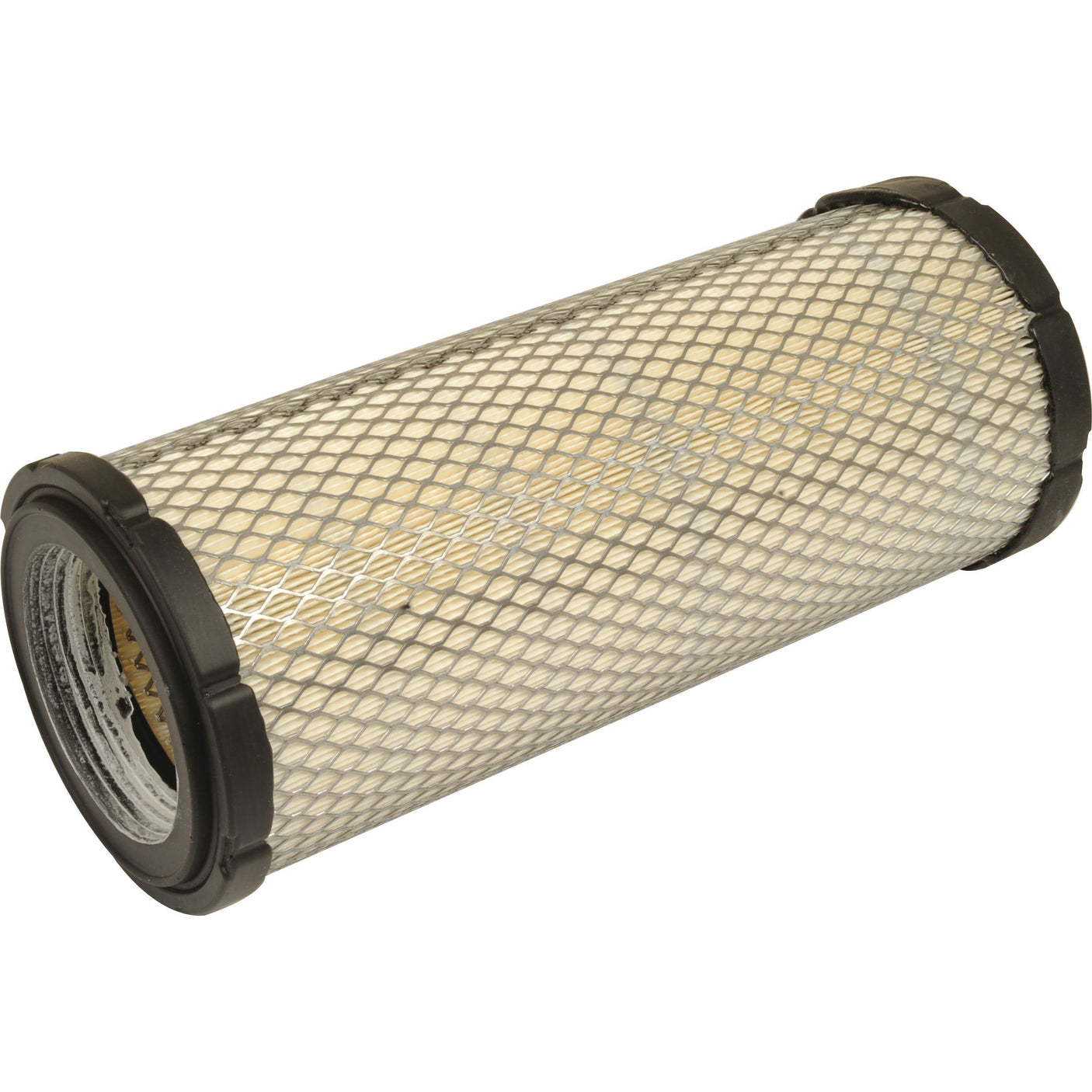 A cylindrical air filter, Air Filter - Outer - AF25553 by Sparex (Part No. S.108791), with a metal mesh exterior and black circular end caps is shown against a white background.