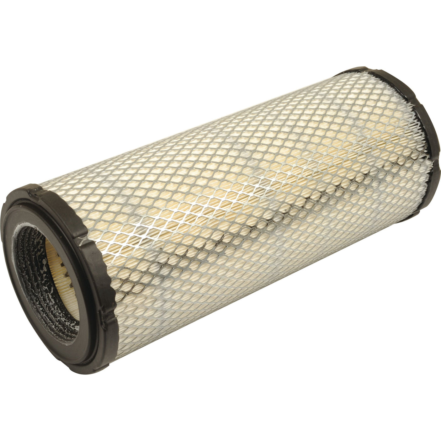 The Sparex Air Filter - Outer - AF25555 (Sparex Part No. S.108792) features a cylindrical design with a metal mesh exterior, black rubber end caps, and pleated paper filter material inside.