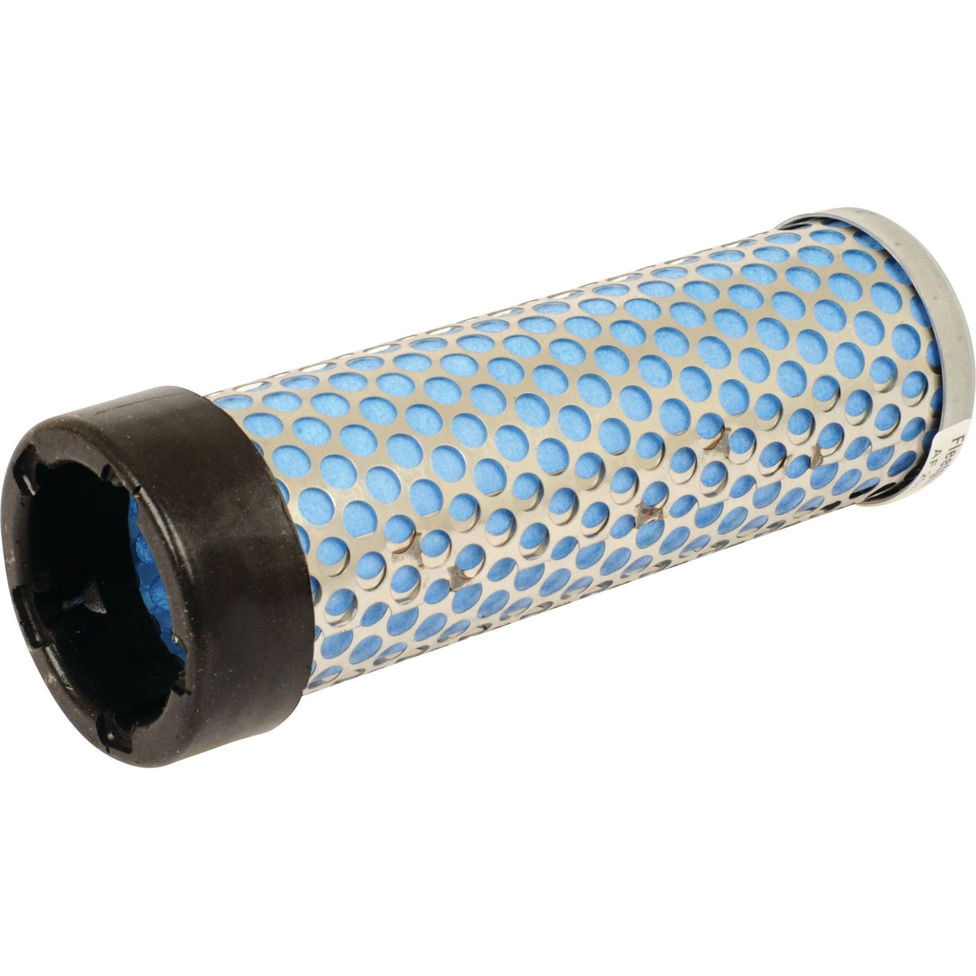 A Sparex cylindrical blue and silver air filter featuring a perforated metal casing and black end caps, compatible with the Kubota B1700 tractor. This inner air filter, model AF25702 (Sparex Part No. S.108810), is known for its design and reliability, similar to the Fleetguard AF25702 model.