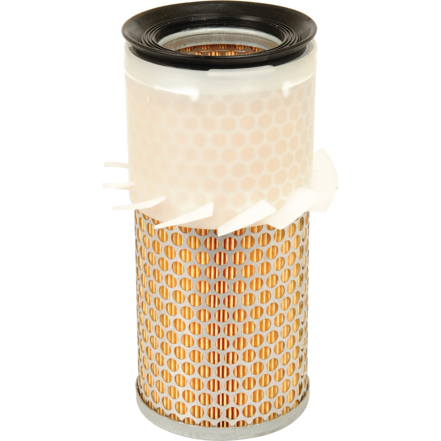 A cylindrical air filter, the Sparex Air Filter - Outer - AF25703K (Sparex Part No. S.108811), featuring a white plastic top and a patterned perforated body on a white background.