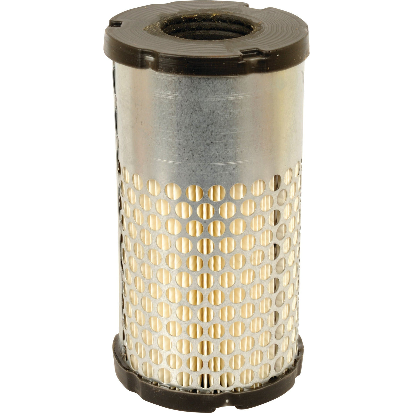 A cylindrical Sparex air filter (Outer - AF25745 | Sparex Part No.S.108815) featuring perforations and black end caps, compatible with Kubota machinery.