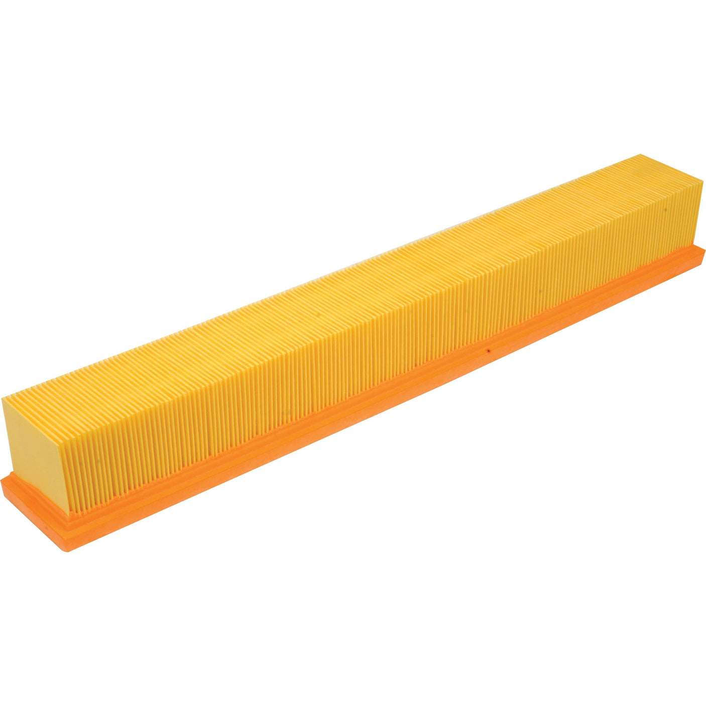 The Sparex Cab Filter - AF26108 (Sparex Part No. S.108840) is a long, rectangular, pleated air filter with a yellow filter medium and orange base, ideal for Deutz-Fahr AGROTRON tractors.