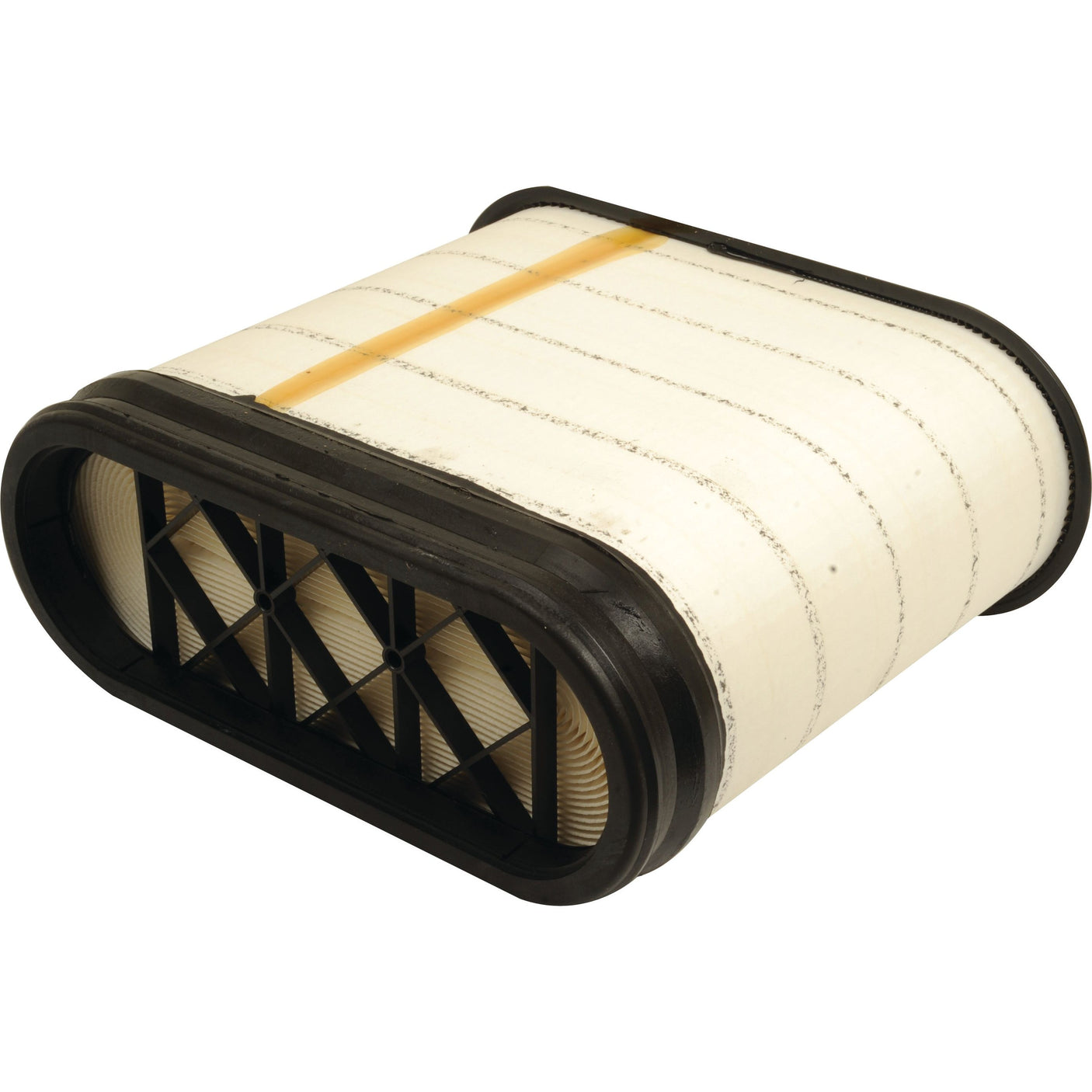 The Sparex Air Filter - Outer (AF26156 | Sparex Part No.S.108845) is designed for John Deere 6030 models and features a metallic mesh grid and pleated paper-like material inside, with edges framed in black plastic for enhanced durability.