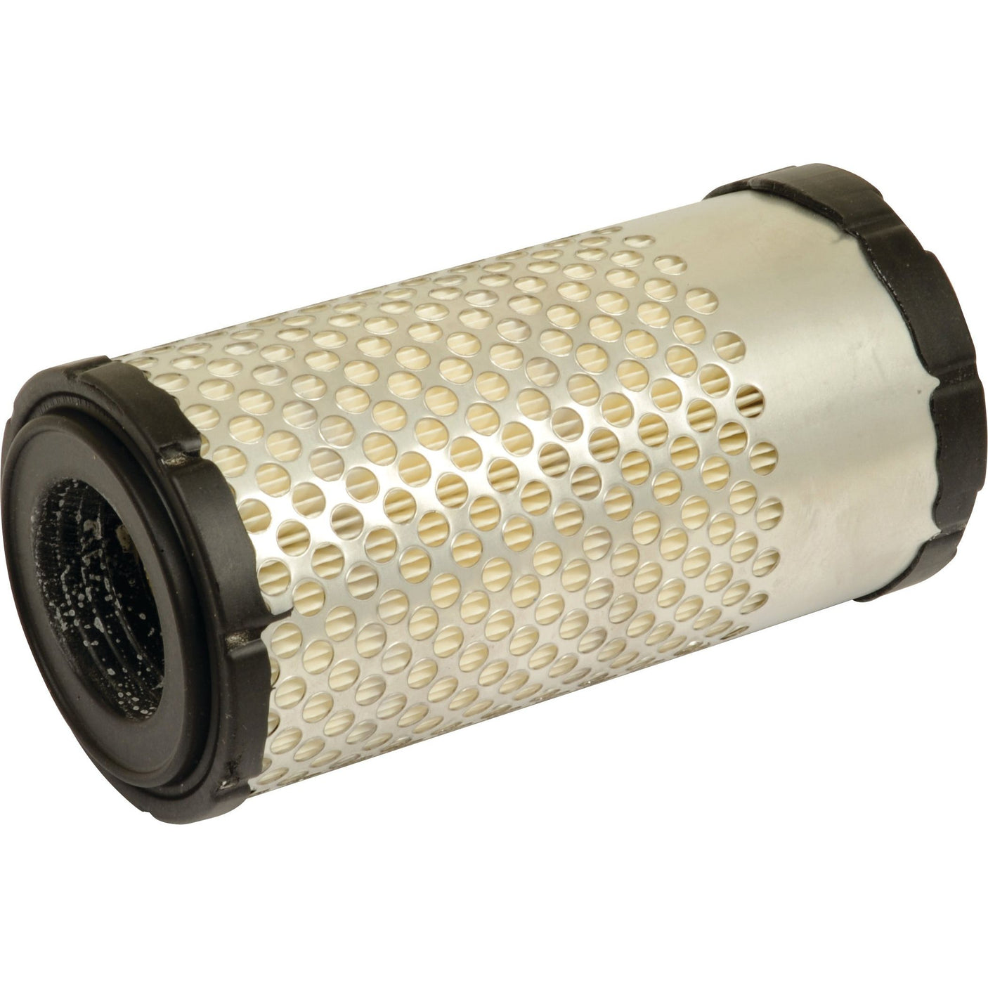 A Sparex Air Filter - Outer - AF26161 (Sparex Part No. S.108847), featuring a cylindrical metal body with black plastic end caps and a perforated outer casing, is perfect for Kubota equipment.