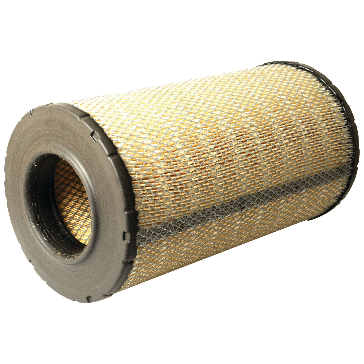 A cylindrical air filter with a metal mesh exterior and rubber end caps, similar to the Sparex Air Filter - Outer - AF26175 (Sparex Part No. S.108848), used for filtration in vehicles and machinery.