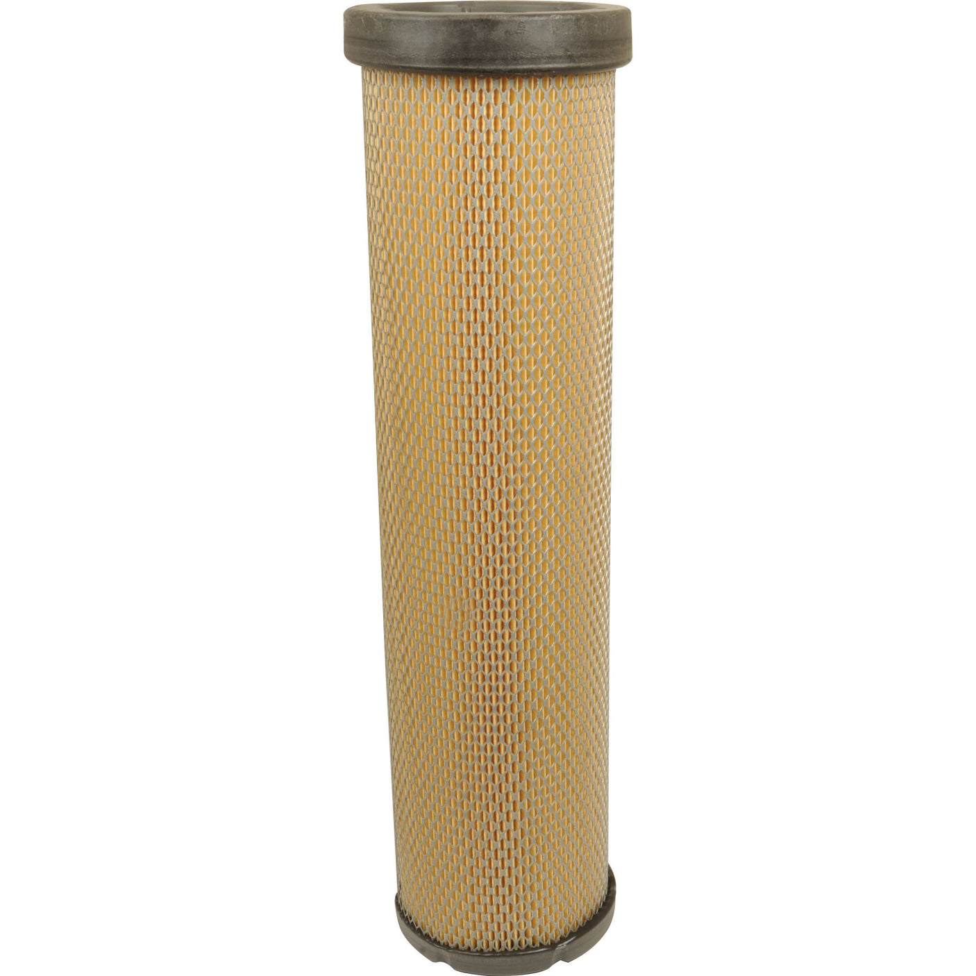 The Sparex Air Filter - Inner (AF26215) with part number S.108859 features a cylindrical, pleated design with metal top and bottom. Made from yellow, perforated filter material, this filter is ideal for use in Ford/New Holland machinery.