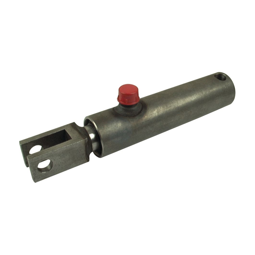 Sparex's Displacement Cylinder - 25mm | Sparex Part No.S.10885 is a steel tool featuring a cylindrical handle, a red button, and a split, forked end with bolt holes specifically designed for 3/4 ton thrust applications.