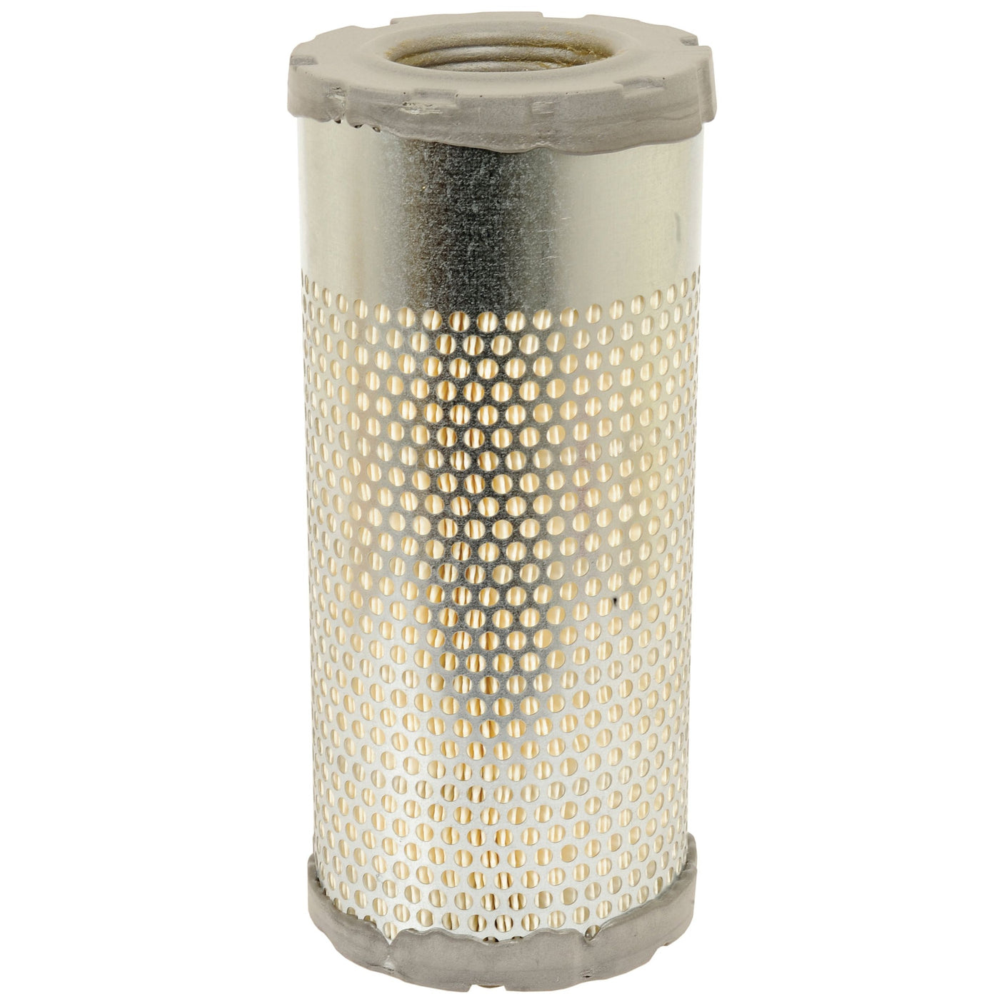 A cylindrical metal air filter, reminiscent of the Sparex AF26250 design, features a perforated exterior along with a solid top and bottom.