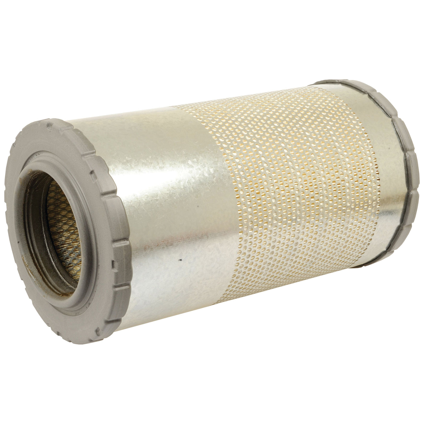 The Sparex Air Filter - Outer - AF26275 (Sparex Part No. S.108862) features a cylindrical metal filter cartridge with a perforated surface and threaded ends, designed for efficient air filtration.