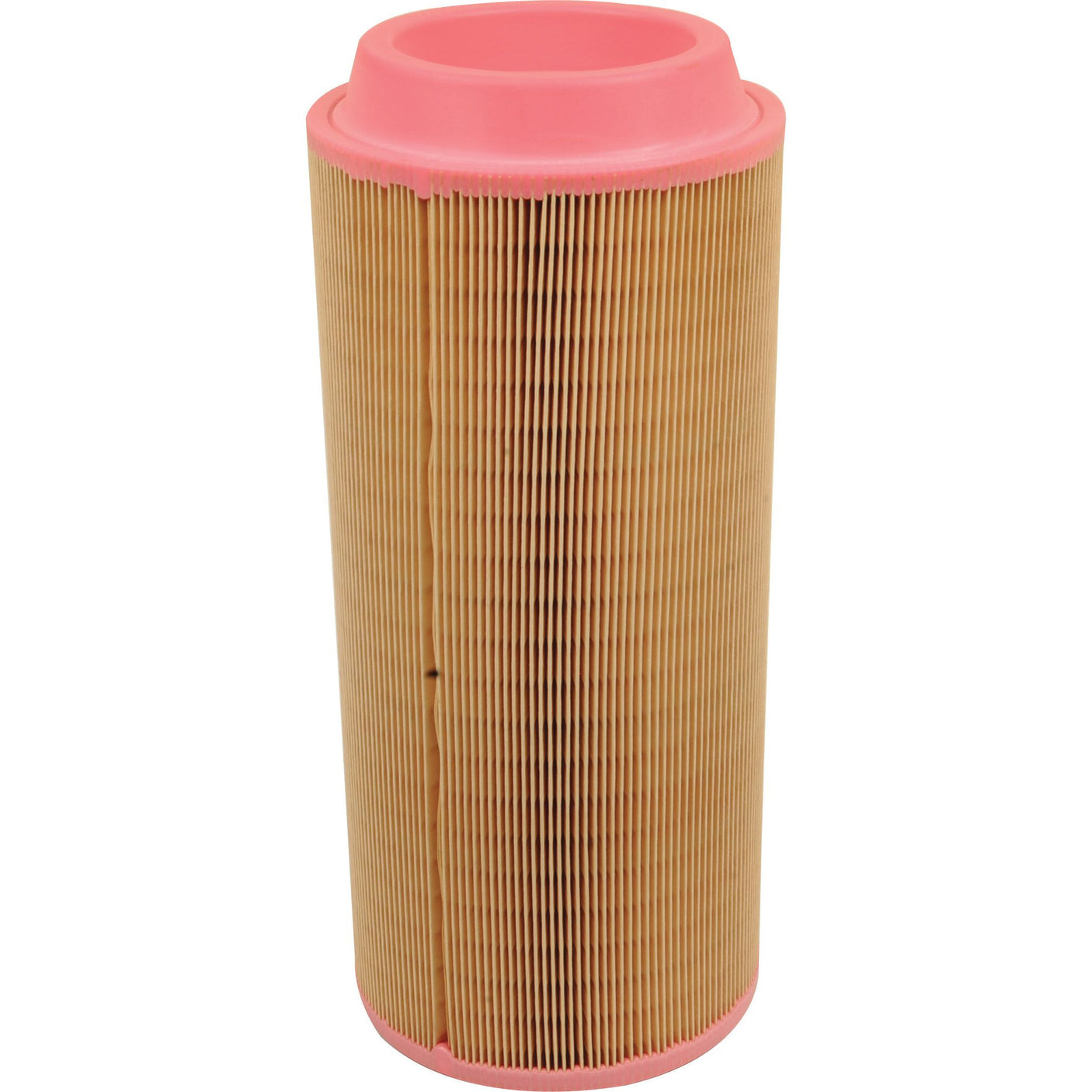 A cylindrical Sparex Air Filter - Outer - AF26393 (Sparex Part No. S.108871) featuring pleated, beige filter material and pink rubber end caps, used for filtration in automotive or industrial applications.