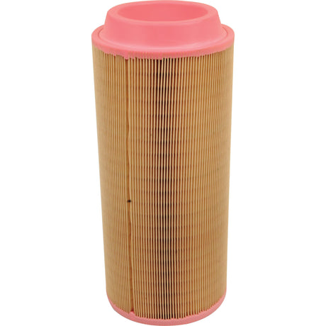 A cylindrical Sparex Air Filter - Outer - AF26393 (Sparex Part No. S.108871) featuring pleated, beige filter material and pink rubber end caps, used for filtration in automotive or industrial applications.