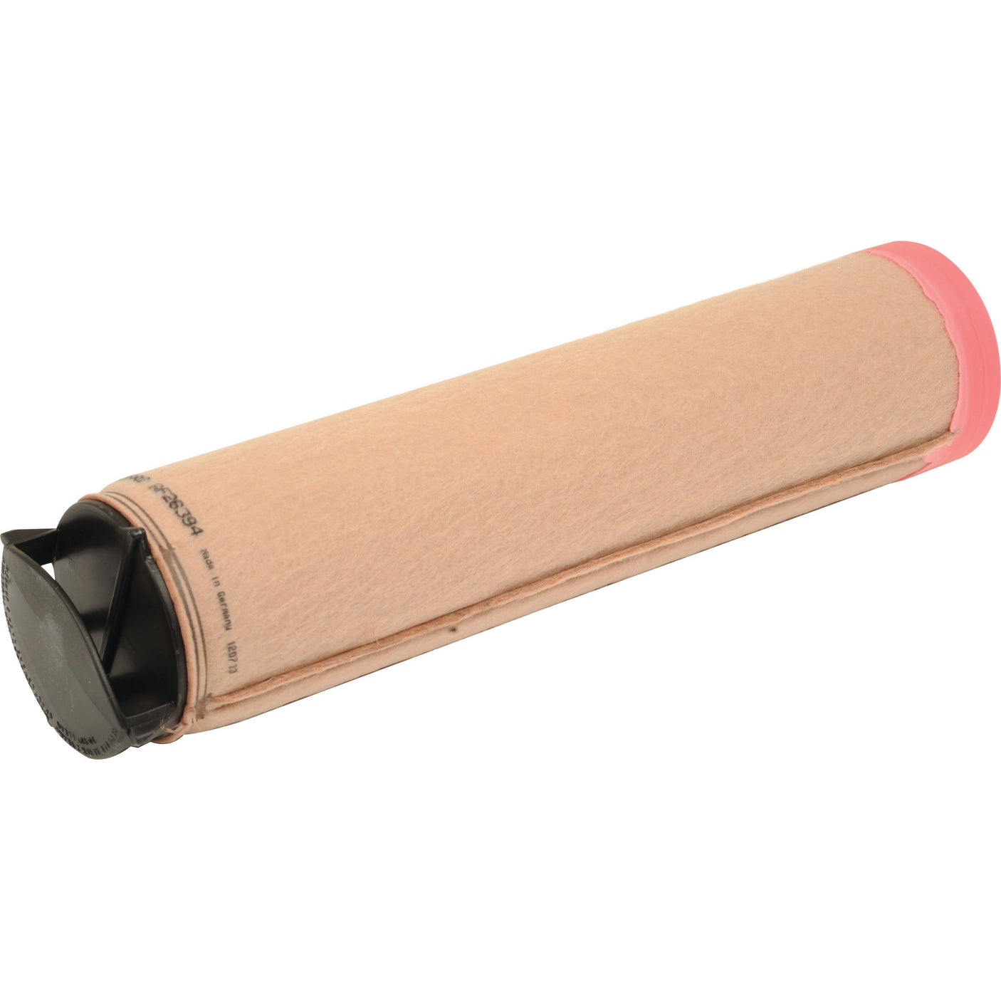 A cylindrical air filter made with beige fabric material and black and red plastic ends, commonly used in Deutz-Fahr machinery for effective filtration, available under the name Air Filter - Inner - AF26394 from Sparex (Sparex Part No. S.108872).