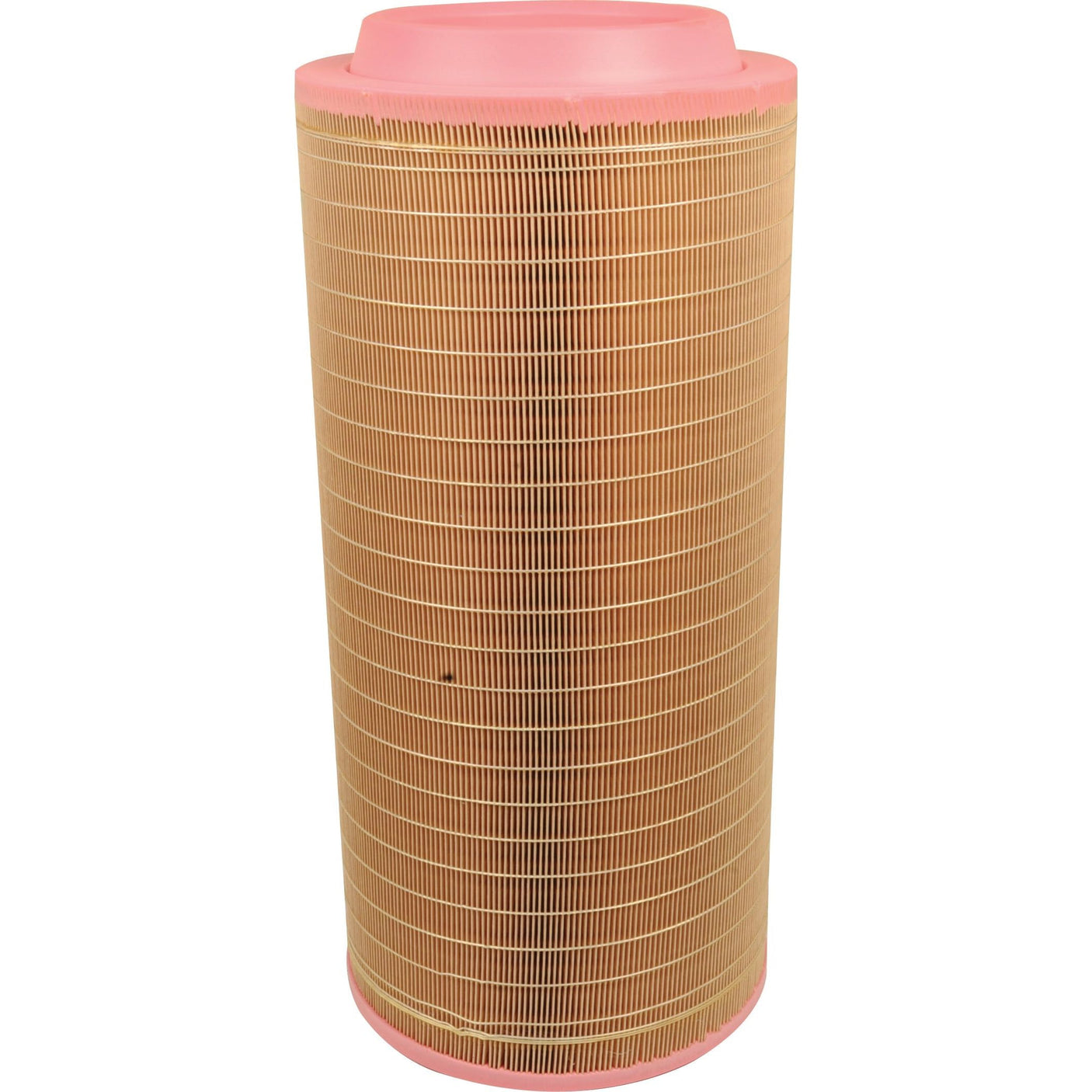 A cylindrical Sparex Air Filter - Outer - AF26399 (Sparex Part No. S.108875) features a pink top and bottom along with a beige, pleated filtration surface. It is suitable for use in Claas LEXION machinery.