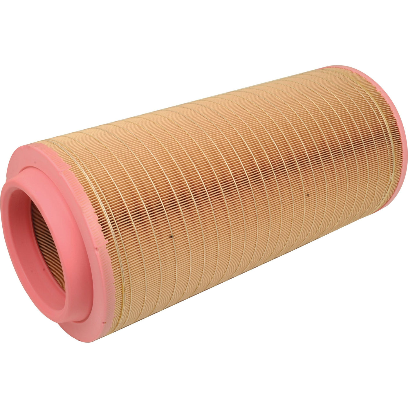 The Sparex Air Filter - Outer - AF26399 (Sparex Part No. S.108875) features a pleated paper element and vibrant pink rubber end caps, making it ideal for use in Claas LEXION machinery.