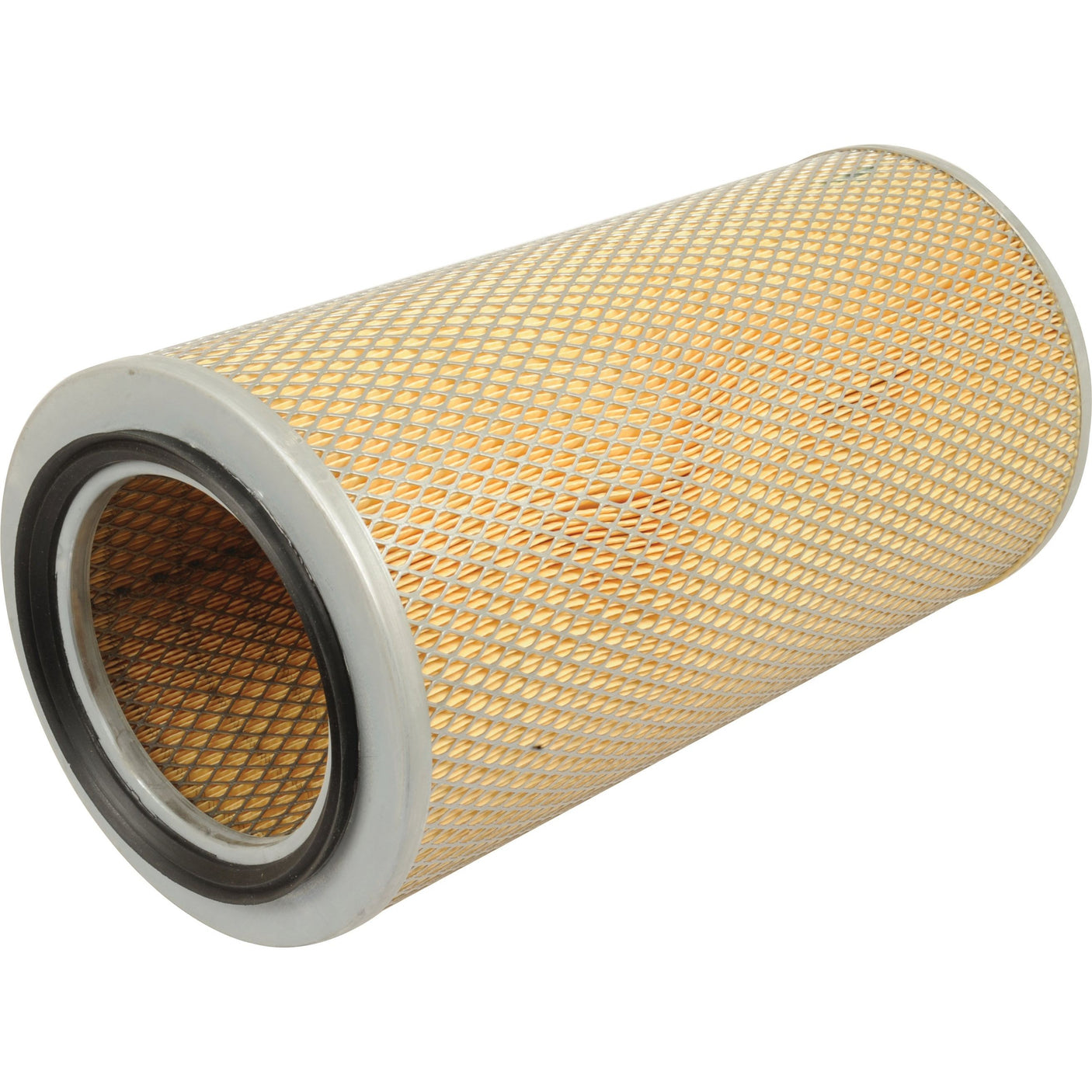 The Sparex Air Filter - Outer AF26665 (Sparex Part No. S.108884) features a cylindrical design with a yellow mesh exterior and gray end caps, making it suitable for Valmet & Valtra machinery.