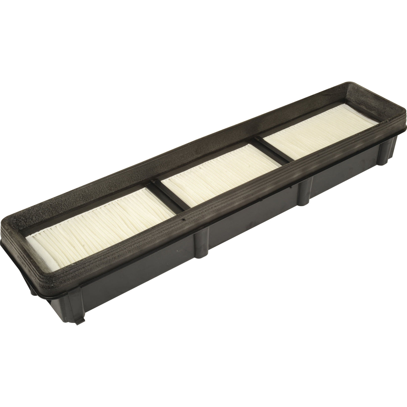 The Cab Filter - AF26672 | Sparex Part No.S.108885 features a black plastic frame and white pleated filtering material, designed for use in HVAC systems or automotive applications. This cab filter is John Deere compatible and similar to the Fleetguard AF26672 model, brought to you by Sparex.