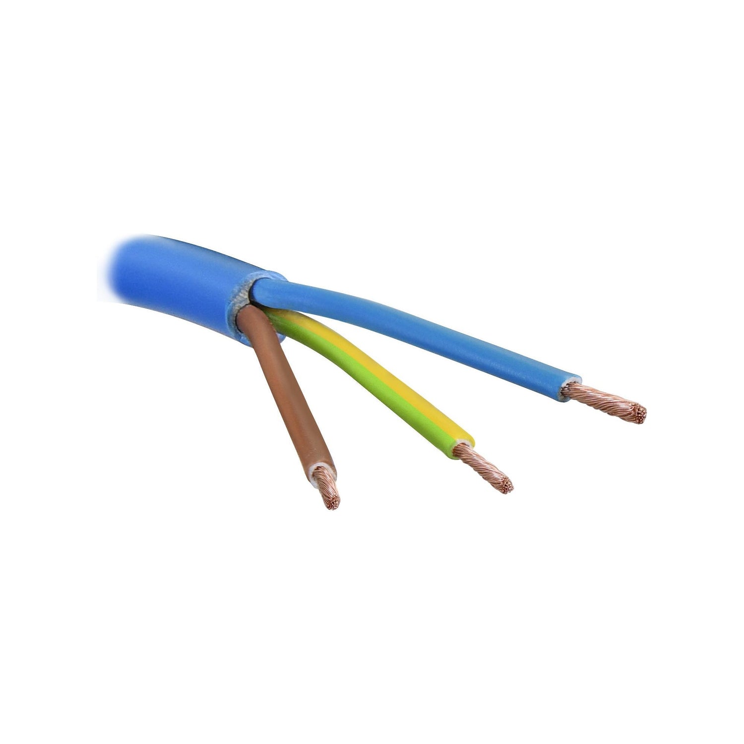 Close-up of the Sparex Electrical Cable - 3 Core, 1.5mm² Cable, Blue (Length: 1M) | Sparex Part No.S.10889, showing three exposed copper wires: one brown, one green with a yellow stripe, and one blue.