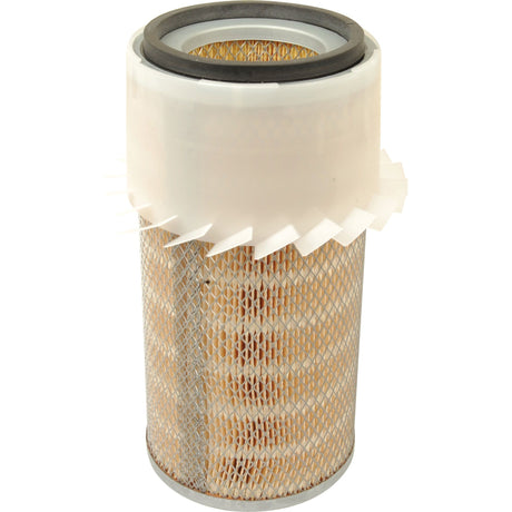 Close-up of the Sparex Air Filter - Outer AF409KM (Sparex Part No.S.108900) with a mesh exterior and pleated paper filter element inside. The top section is encased in a white plastic frame with a rubber seal, showcasing the quality craftsmanship typical of Sparex products.