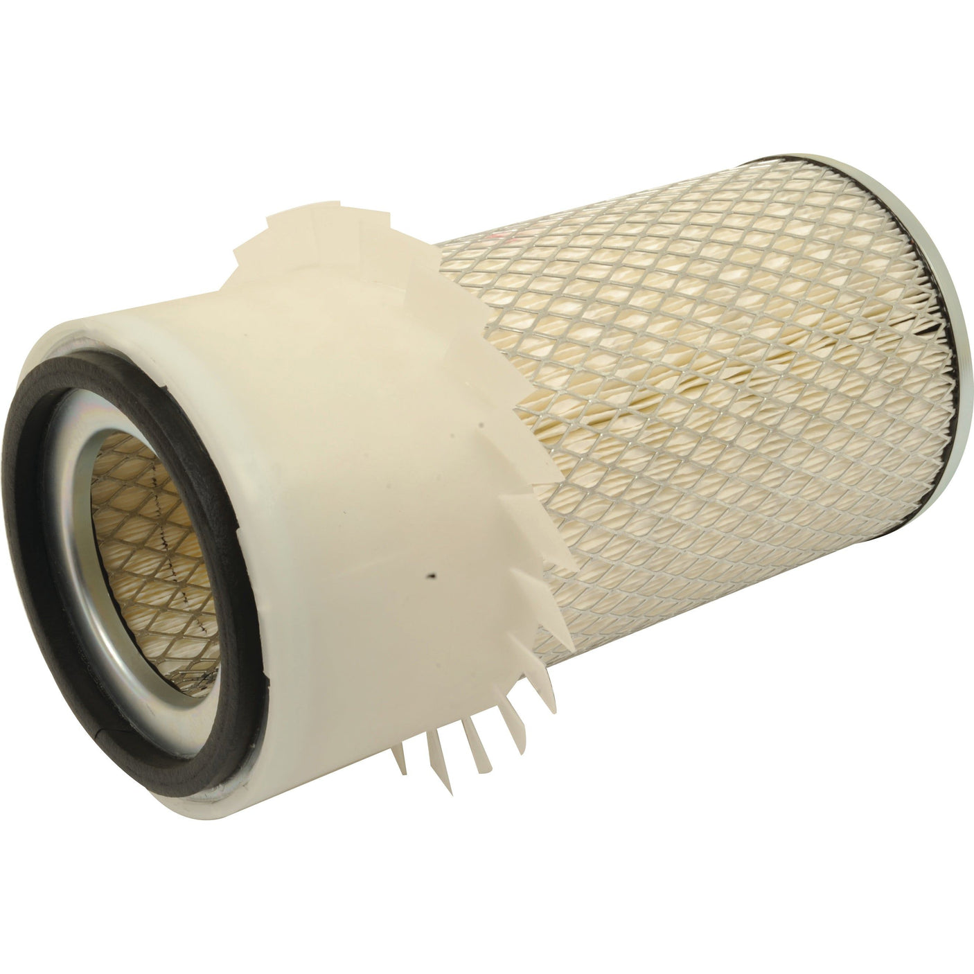 Introducing the Sparex Air Filter - Outer - AF409KM (Sparex Part No. S.108901), a cylindrical filter featuring a sturdy metal mesh exterior and white rigid edges, ideal for use in mechanical or automotive applications including John Deere 3300 models, and fully compliant with Fleetguard AF409KM standards.