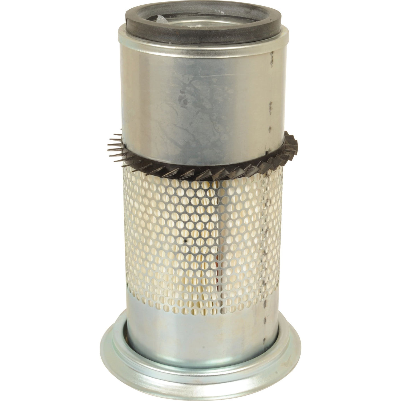 A high-quality Sparex Air Filter - Outer - AF4655KM (Sparex Part No. S.108922) features a metallic cylindrical design, a mesh middle section, and a toothed edge near the top, reminiscent of Donaldson Filters’ premium offerings.