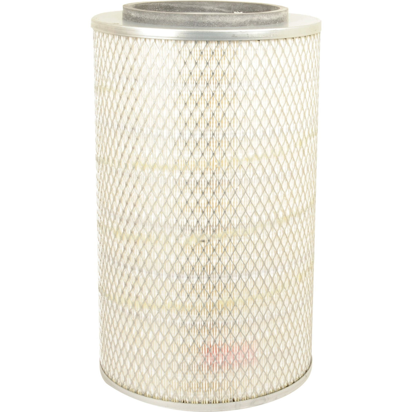 A cylindrical air filter featuring a metal frame and a white, mesh-like filter material, with metallic top and bottom caps. Ideal for Case IH machinery, the Sparex AF4756 (Sparex Part No. S.108936) ensures reliable performance and durability.