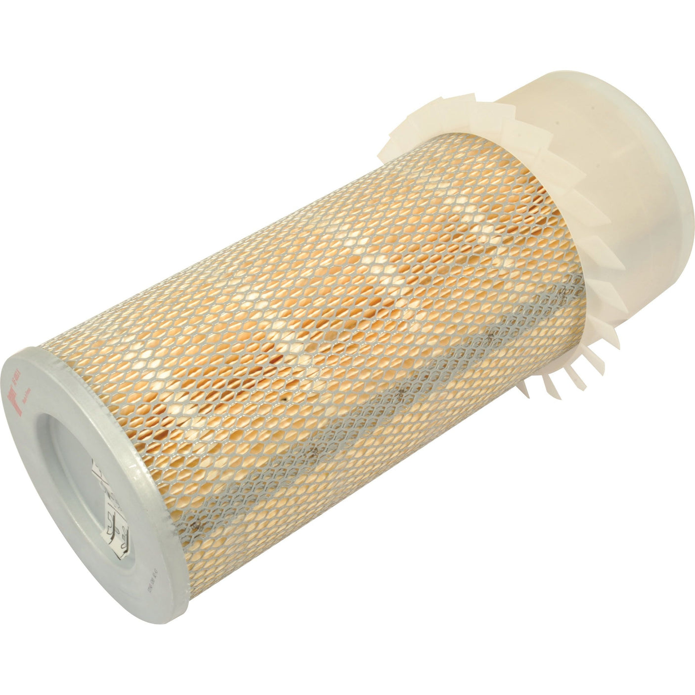 The Sparex Air Filter - Outer - AF4853K (Sparex Part No.S.108946) boasts a cylindrical design with a metal mesh exterior, pleated paper element, durable plastic end caps, and a white rubber seal on one end, making it ideal for Manitou equipment.